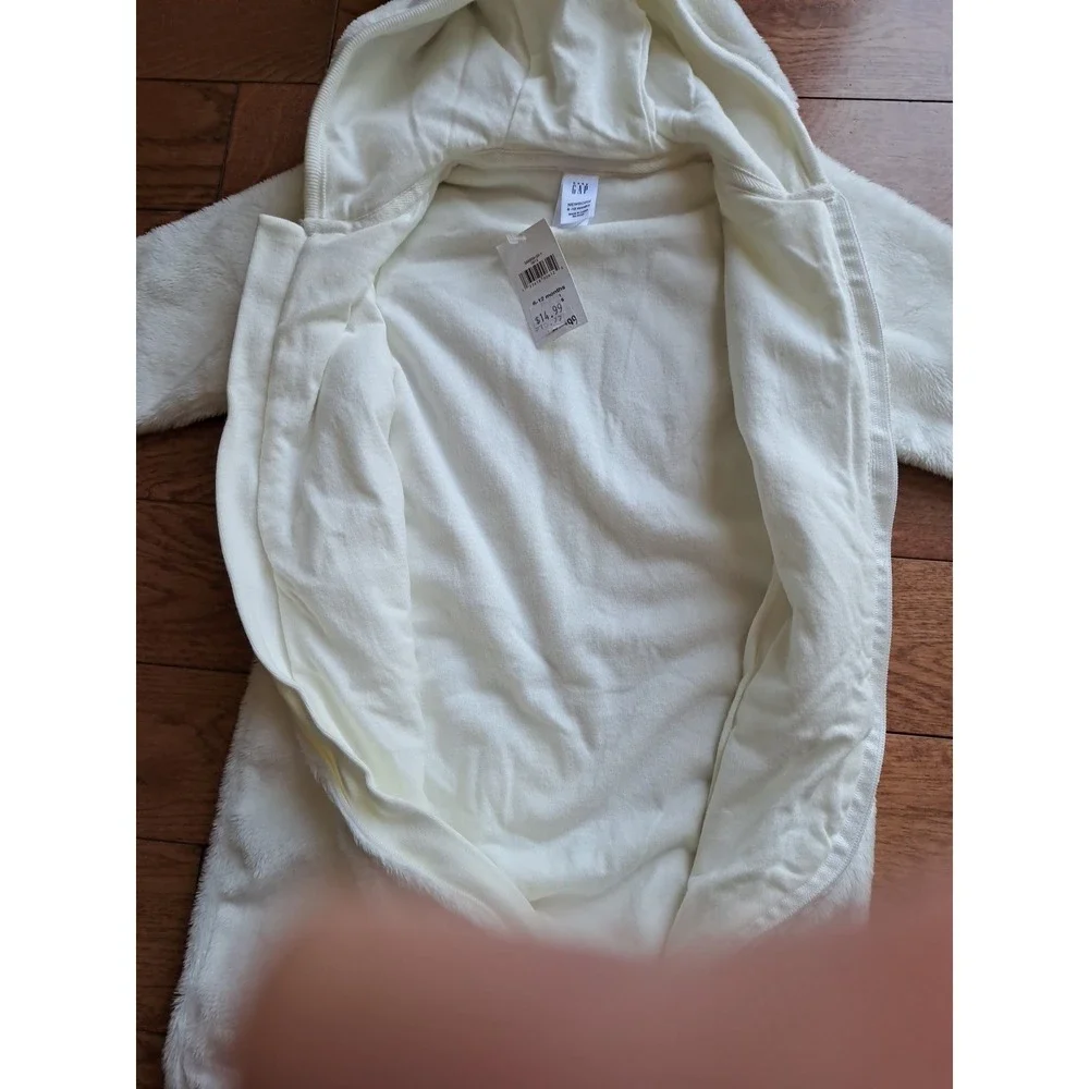 Gap Baby White Fleece Full Front Zipper Hooded Jumpsuit Romper Lined 6-12 M NWT